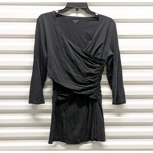 Garnet Hill Black Pima Modal Knit Babydoll Tunic Mini Dress Top Faux Wrap Small
